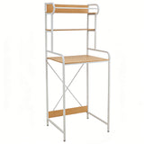 Over-the-toilet storage rack with open lower shelf, white frame, and light wood top