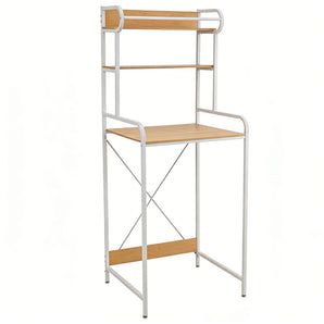 Over-the-toilet storage rack with open lower shelf, white frame, and light wood top