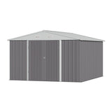 Grey metal storage shed with apex roof, closed double doors, and roof vent panels