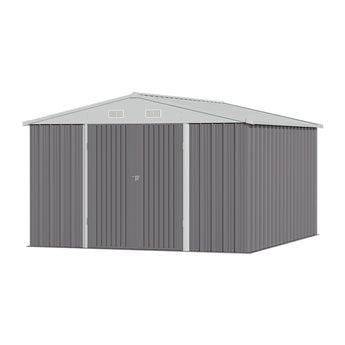 Grey metal storage shed with apex roof, closed double doors, and roof vent panels
