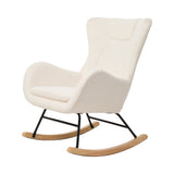 Cream upholstered rocking chair with high back and padded seat on curved wood runners.