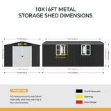 Metal storage shed dimensions diagram with labeled roof, walls, and door openings