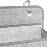 Top hanging section of grey non-woven organizer with metal ring and stitched border