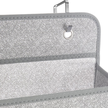 Top hanging section of grey non-woven organizer with metal ring and stitched border