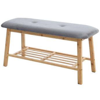 Bamboo shoe storage bench with gray padded seat and two-level open slatted rack