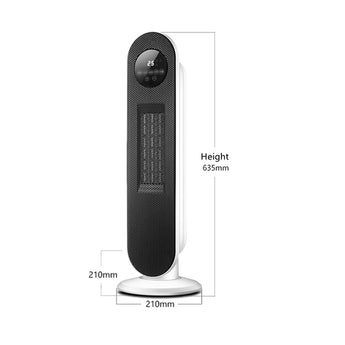 Black front digital ceramic heater on white base, height 635mm, width 210mm