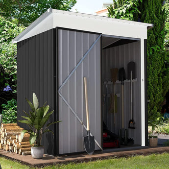 3 x 5 metal storage shed with side tools storage, double doors open, dark gray exterior.