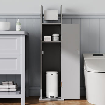 White bathroom toilet roll cabinet with open door and interior shelf storage