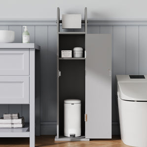 White bathroom toilet roll cabinet with open door and interior shelf storage