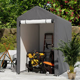 4x6ft outdoor storage shed with open front, gray cover and roll-up tarp sides