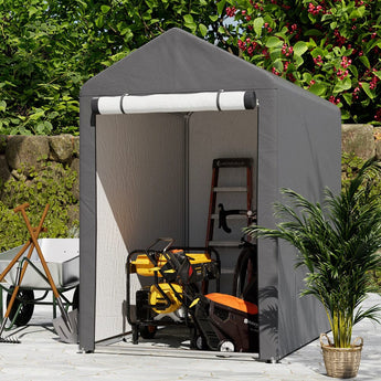4x6ft outdoor storage shed with open front, gray cover and roll-up tarp sides