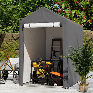 4x6ft outdoor storage shed with open front, gray cover and roll-up tarp sides