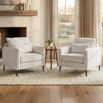 Linen sofa armchair in off-white fabric with cushioned arms and seat