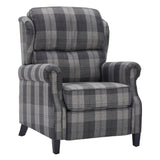 Grey plaid recliner chair with matching footrest extended and side arms.