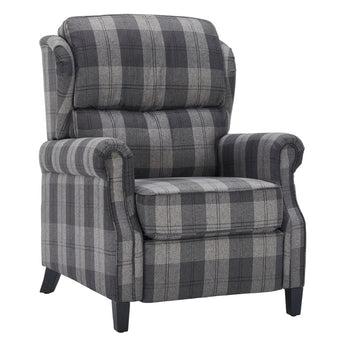 Grey plaid recliner chair with matching footrest extended and side arms.