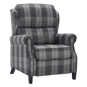 Grey plaid recliner chair with matching footrest extended and side arms.