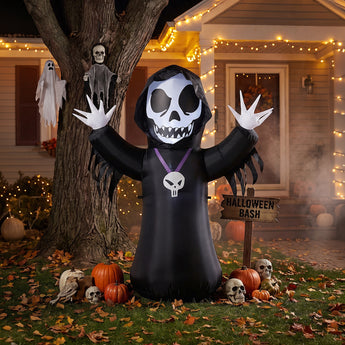 Inflatable hooded skeleton Halloween decoration with arms outstretched, skull mask, purple sash