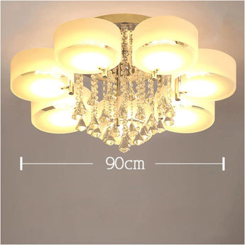 90cm LED semi-recessed ceiling luminaire with round acrylic shades and dangling crystal drops