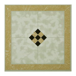 Gold and cream marble-look PVC floor tile with black diamond mosaic accent, square