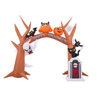Halloween inflatable arch decoration with brown tree sides, ghost, owl, cats, and tombstone