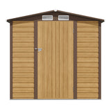 Tawny storage shed front view with wooden doors closed and two roof vents