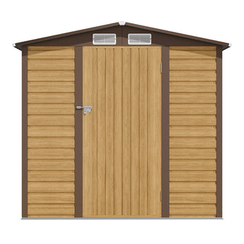 Tawny storage shed front view with wooden doors closed and two roof vents