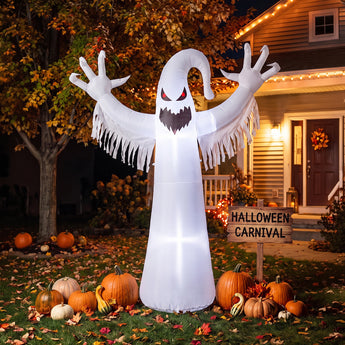 White inflatable ghost costume decoration with flowing fringe sleeves, red eyes, and black mouth