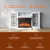 White electric fireplace with flame view and remote temperature control icons