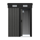 Grey metal garden storage shed with open sliding door and visible inner wall panels