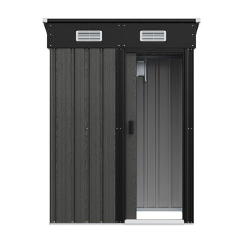 Grey metal garden storage shed with open sliding door and visible inner wall panels