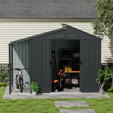 Metal garden storage shed with double doors open, grey corrugated walls, and front latch