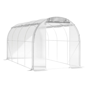 White walk-in greenhouse frame with translucent arched PE cover and front entrance
