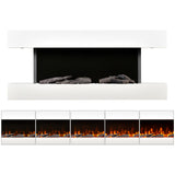 White wall-mounted electric fireplace showing multiple flame color settings
