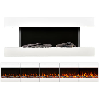 White wall-mounted electric fireplace showing multiple flame color settings