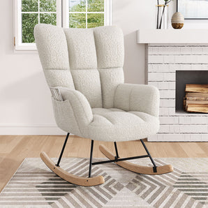 Sherpa upholstered rocking chair with tufted back and beige arms, black metal frame, wood rockers
