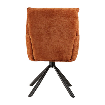 Rust-orange high-back accent chair rear view with black swivel legs