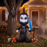 Inflatable witch skeleton decoration with hood, red eyes, black dress, blue arms, wand