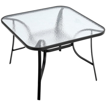 Square glass-top outdoor table with black rim and speckled clear finish