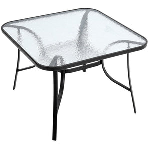 Square glass-top outdoor table with black rim and speckled clear finish