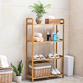 4-tier bamboo book storage shelf with open compartments, natural wood finish