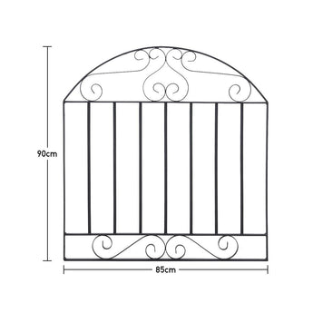 Black wrought iron gate profile with arched top; 90 cm height and 85 cm width.