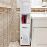 White tall corner bathroom storage cabinet with shelves and hinged louver door