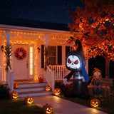 Inflatable witch skeleton decoration with hood, red eyes, black dress, blue arms, wand