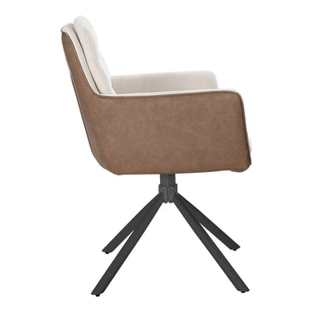 Adjustable accent chair side view with beige linen back and brown frame, black legs