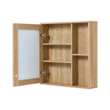 Wall mounted bathroom mirror cabinet with two open doors and multiple wood grain shelves