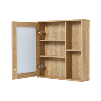 Wall mounted bathroom mirror cabinet with two open doors and multiple wood grain shelves