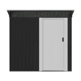 Anthracite metal garden storage shed front with white sliding door panel and handle