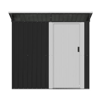 Anthracite metal garden storage shed front with white sliding door panel and handle