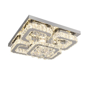 Square crystal LED ceiling lamp close-up with metallic border and clear crystal panels