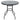 Round black metal outdoor table with parasol hole on tabletop and curved support frame